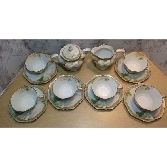 Antique RS‎ Germany/Prussia Sugar Bowl Creamer 6 cups & 6 saucers Calla Lily - Picture 8 of 16